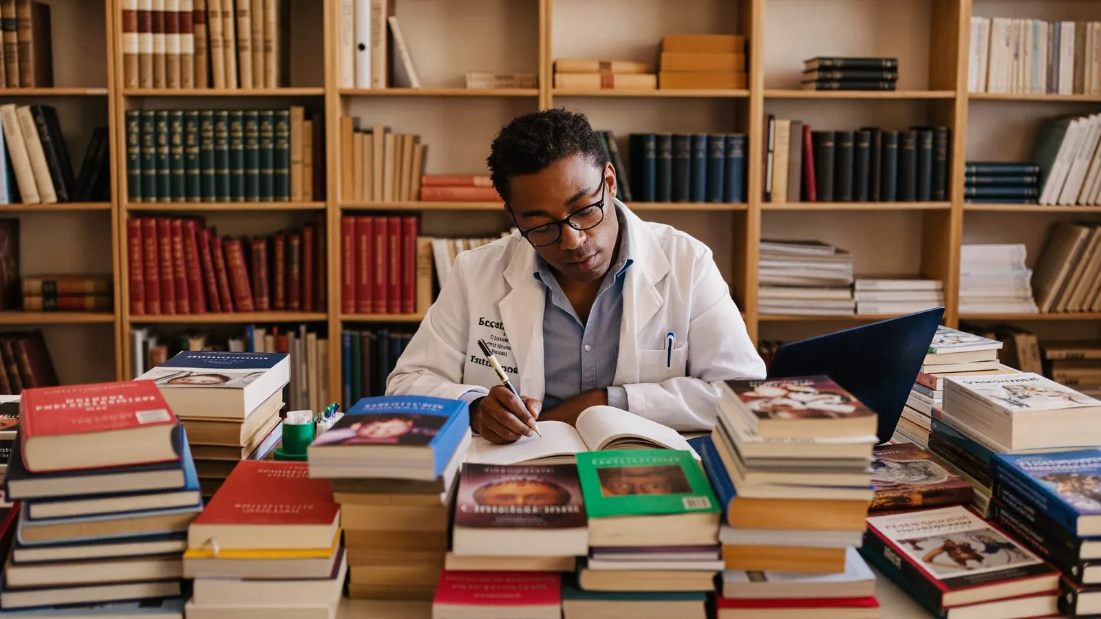 Médico perito estudando e se atualizando, cercado de livros e laptop