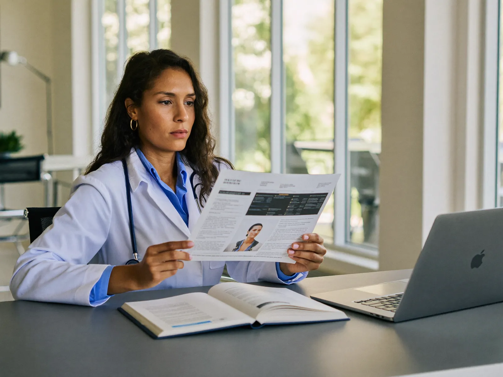 Médica perita revisando um laudo técnico pericial em um escritório moderno