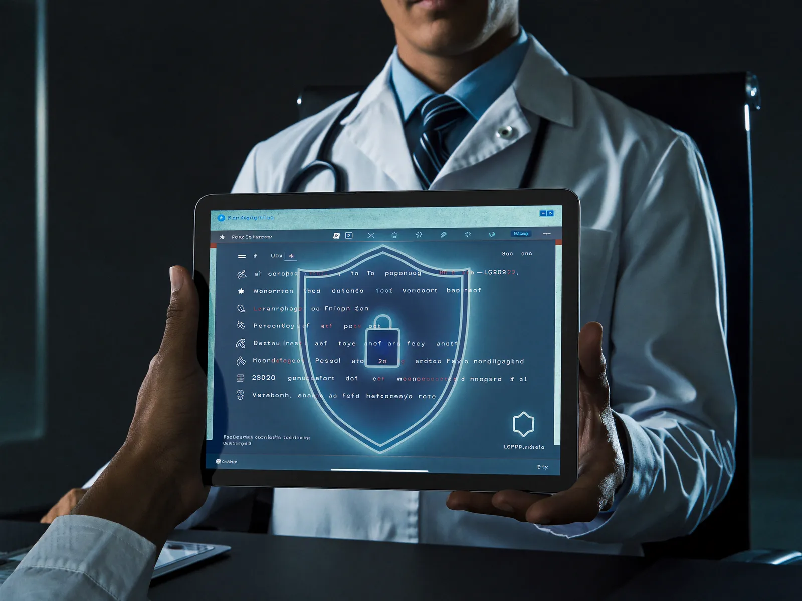 Médico acessando um documento clínico protegido, com segurança de dados e conformidade com a LGPD